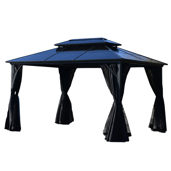 Aleko 2-Tier Double Roof Aluminum and Steel Hardtop Gazebo Canopy with Mosquito Net and Shaded Curtains - 13 x 10 Feet - Black GAZM10X13-AP Aleko
