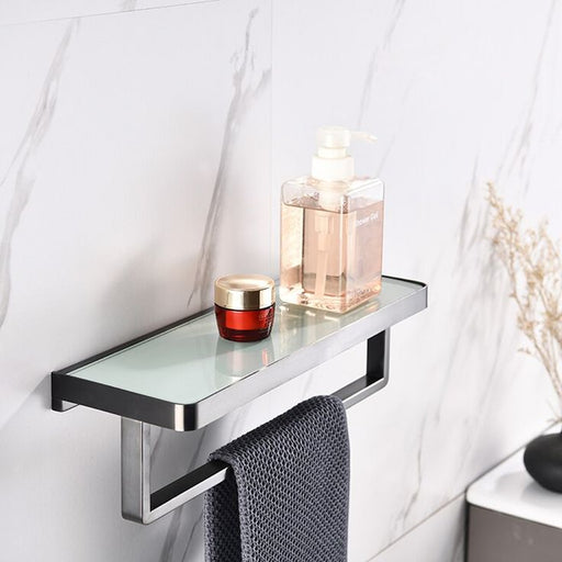 LEXORA Bagno Bianca Stainless Steel White Glass Shelf w/ Towel Bar & Robe Hook - Brushed Nickel Lexora