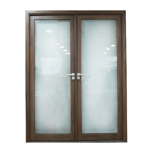 Aleko Aluminum Square Top Minimalist Glass-Panel Interior Double Door with Frame - 72 x 84 inches - Chestnut Aleko