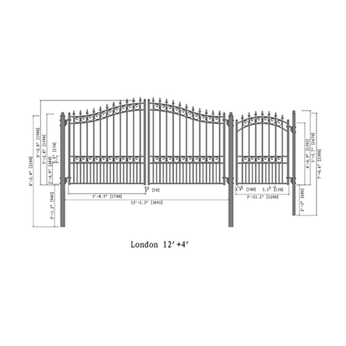 Aleko Steel Dual Swing Driveway Gate - LONDON Style - 12 ft with Pedestrian Gate - 5 ft - SET12X4LOND-AP at YBLGoods Aleko