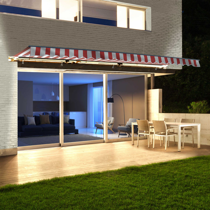 Aleko Half Cassette Motorized Retractable LED Luxury Patio Awning - 10 x 8 Feet - Red and White Stripes - AWCL10X8RDWT05-AP at YBLGoods Aleko