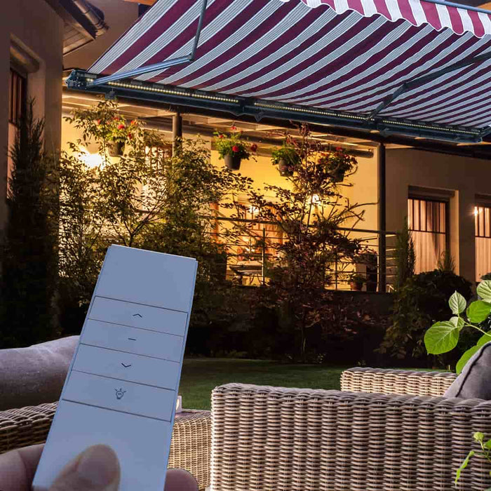 Aleko Half Cassette Motorized Retractable LED Luxury Patio Awning - 16 x 10 Feet -Red and White Stripes - AWCL16X10RDWT05-AP at YBLGoods Aleko