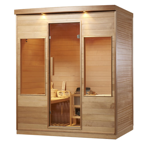 Aleko Canadian Hemlock Indoor Wet Dry Sauna with Exterior Lights - 4.5 kW Harvia KIP Heater - 4 Person STHE4AMUR-AP Aleko