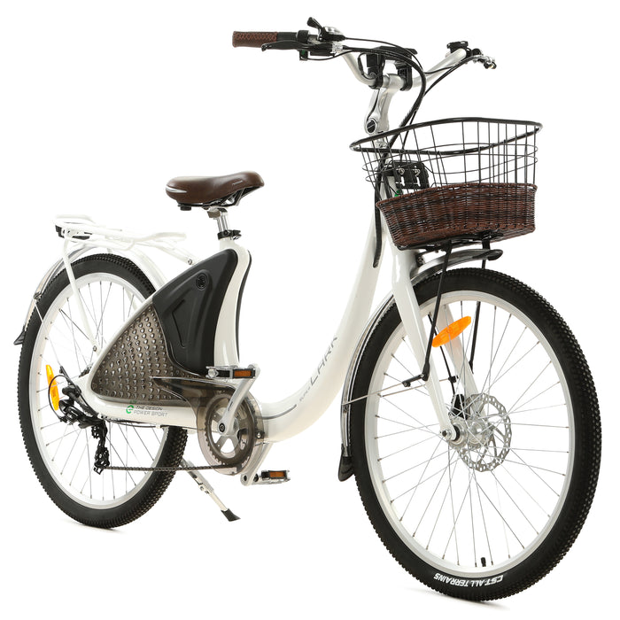 Ecotric 36V Electric City Bike 26" White Lark For Women w/Basket & Rear Rack - NS-LAK26LCD-W Ecotric Electric Bikes