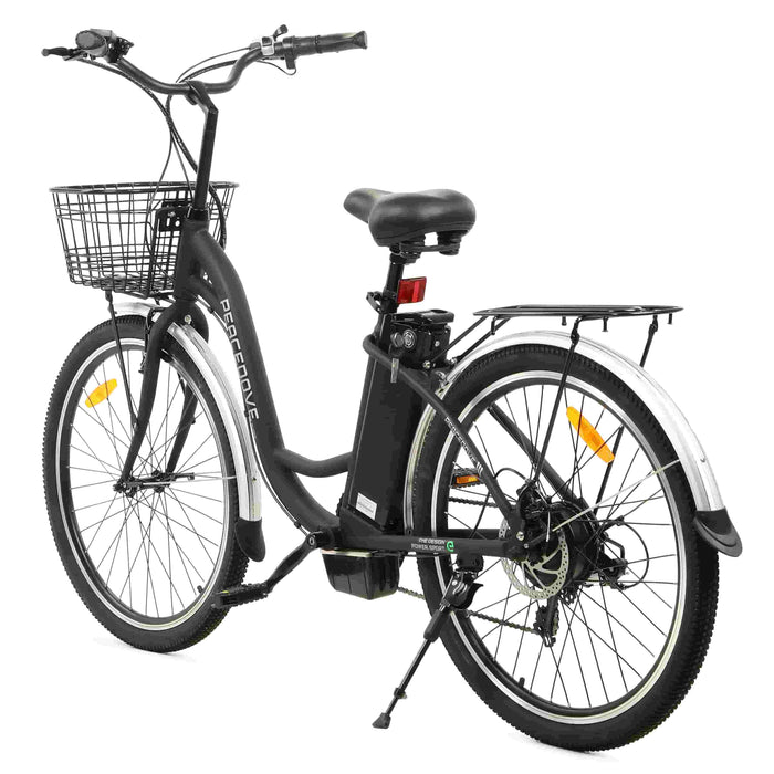 Ecotric 36V Electric Bike 26" Black Peacedove City Bike w/Basket & Rear Rack - NS-PEA26LED-MB Ecotric Electric Bikes