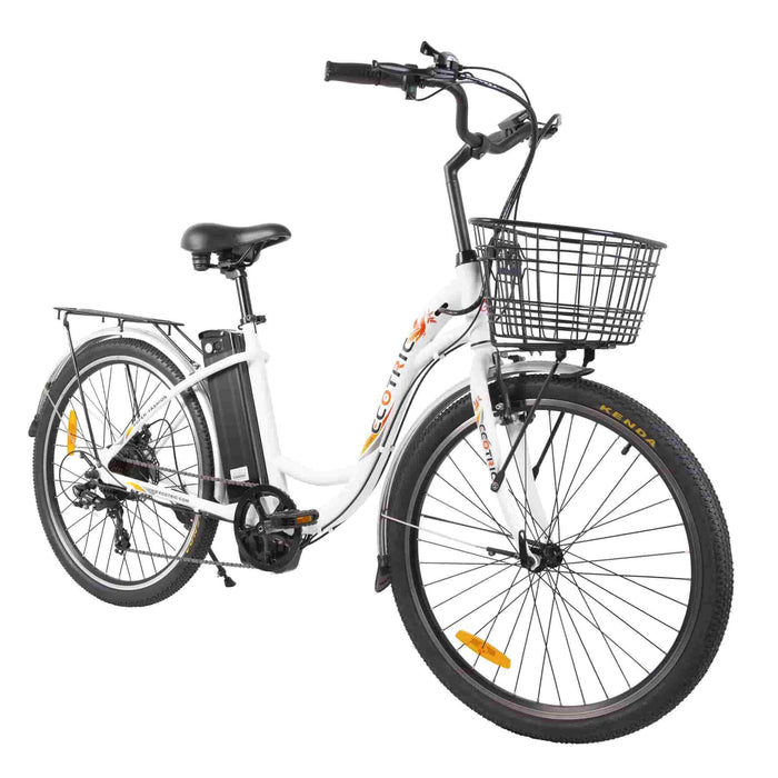 Ecotric 36V Electric Bike 26" White Peacedove City Bike w/Basket & Rear Rack - NS-PEA26LED-W Ecotric Electric Bikes