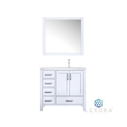 Lexora  Jacques 36" White Single Vanity, White Carrara Marble Top, White Square Sink and 34" Mirror - Right Version Lexora
