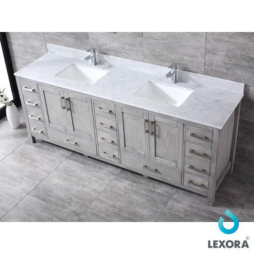 Lexora  Jacques 84" Distressed Grey Double Vanity, White Carrara Marble Top, White Square Sinks and no Mirror Lexora