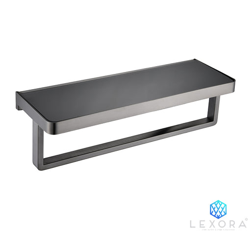 LEXORA Bagno Bianca Stainless Steel Black Glass Shelf w/ Towel Bar - Gun Metal Lexora