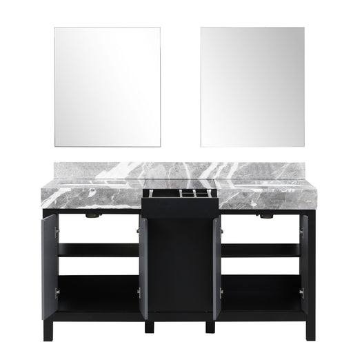 LEXORA Zilara 60" Black and Grey Double Vanity, Castle Grey Marble Tops, White Square Sinks, and 28" Frameless Mirrors LZ342260DLISM28 Lexora