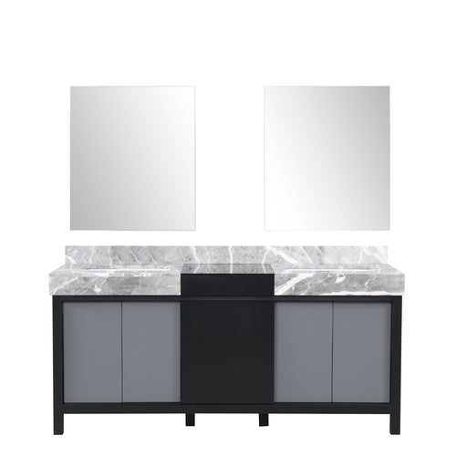 LEXORA Zilara 72" Black and Grey Double Vanity, Castle Grey Marble Tops, White Square Sinks, and 28" Frameless Mirrors LZ342272DLISM28 Lexora