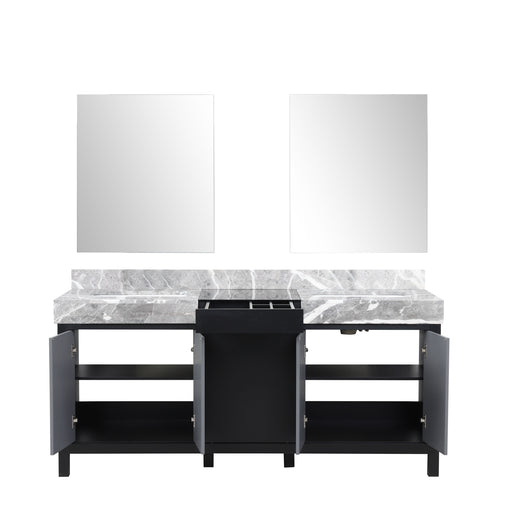 LEXORA Zilara 72" Black and Grey Double Vanity, Castle Grey Marble Tops, White Square Sinks, and 28" Frameless Mirrors LZ342272DLISM28 Lexora
