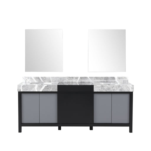 LEXORA Zilara 80" Black and Grey Double Vanity, Castle Grey Marble Tops, White Square Sinks, and 30" Frameless Mirrors LZ342280DLISM30 Lexora