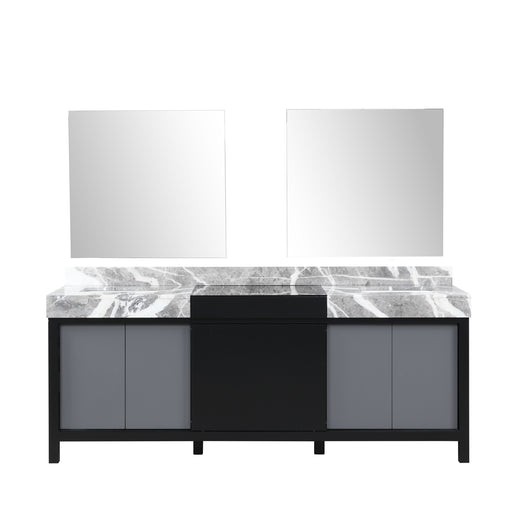 LEXORA Zilara 84" Black and Grey Double Vanity, Castle Grey Marble Tops, White Square Sinks, and 34" Frameless Mirrors LZ342284DLISM34 Lexora