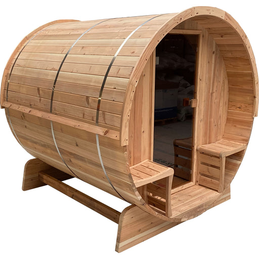 Aleko Outdoor Rustic Cedar Barrel Steam Sauna - Front Porch Canopy - 3 kW Harvia KIP Heater - 3 Person SB3CED-AP Aleko