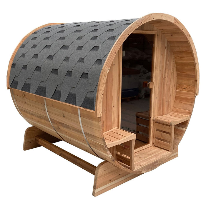 Aleko Outdoor Rustic Cedar Barrel Steam Sauna - Front Porch Canopy - 4.5 kW Harvia KIP Heater - 4 Person SB4CED-AP Aleko