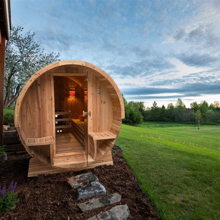 Aleko Outdoor Rustic Cedar Barrel Steam Sauna - Front Porch Canopy - 4.5 kW Harvia KIP Heater - 4 Person SB4CED-AP Aleko