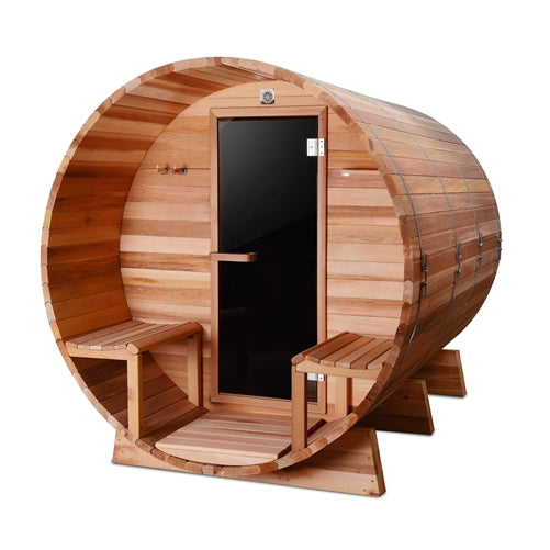 Aleko Outdoor or Indoor Western Red Cedar Wet Dry Barrel Sauna - Front Porch Canopy - 9 kW ETL Certified Heater - 8 Person SB8CEDARCP Aleko