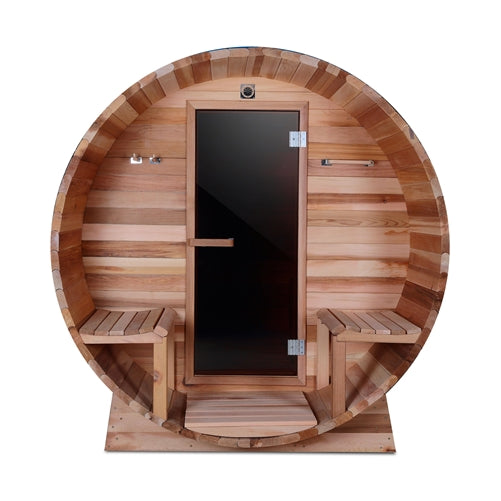 Aleko Outdoor or Indoor Western Red Cedar Wet Dry Barrel Sauna - Front Porch Canopy - 9 kW ETL Certified Heater - 8 Person SB8CEDARCP Aleko