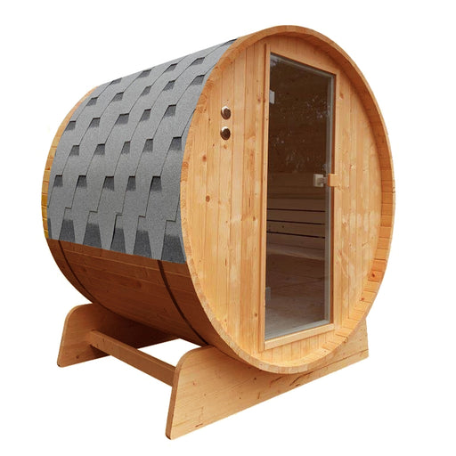 Aleko Outdoor Rustic Cedar Barrel Steam Sauna with Bitumen Shingle Roofing - 4 Person - 4.5 kW ETL Certified Heater SBRCE4UGIE-AP Aleko