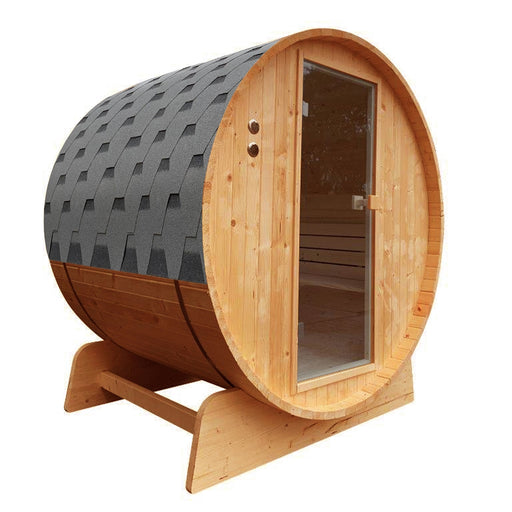 Aleko Outdoor Rustic Cedar Barrel Steam Sauna with Bitumen Shingle Roofing - 8 Person - 9 kW ETL Certified Heater SBRCE8DART-AP Aleko