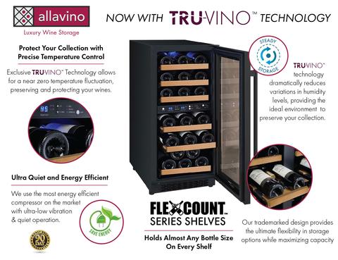 Allavino 15" Wide FlexCount II Tru-Vino 30 Bottle Dual Zone Black Wine Refrigerator Allavino