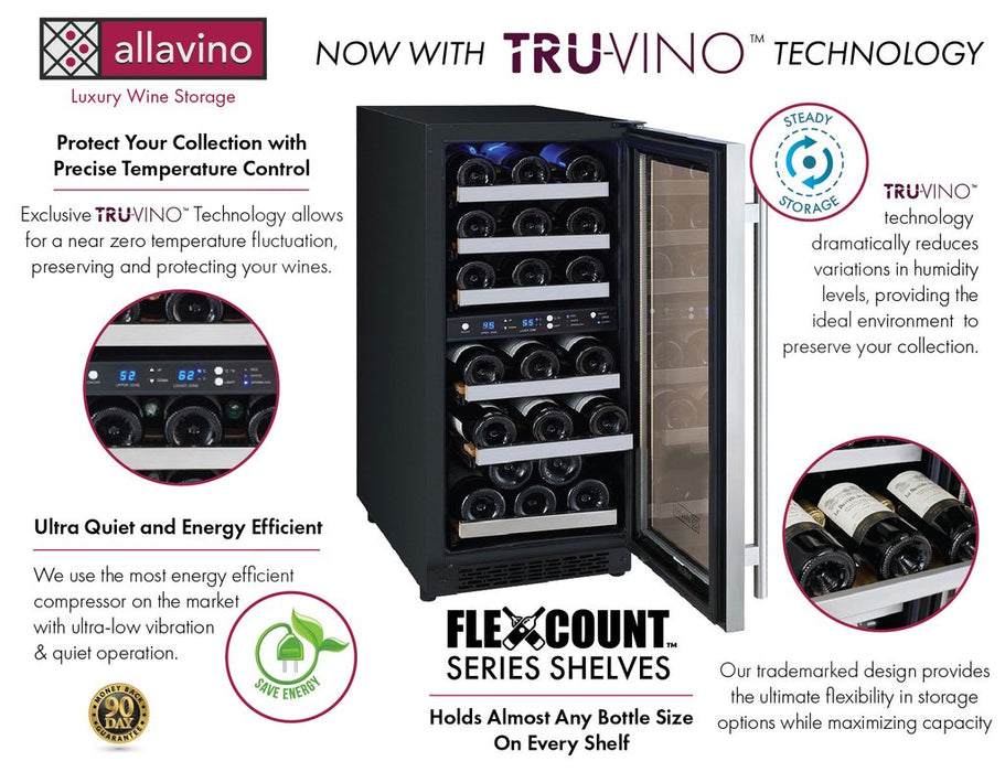 Allavino 15" Wide FlexCount II Tru-Vino 30 Bottle Dual Zone Stainless Steel Right Hinge Wine Refrigerator Allavino
