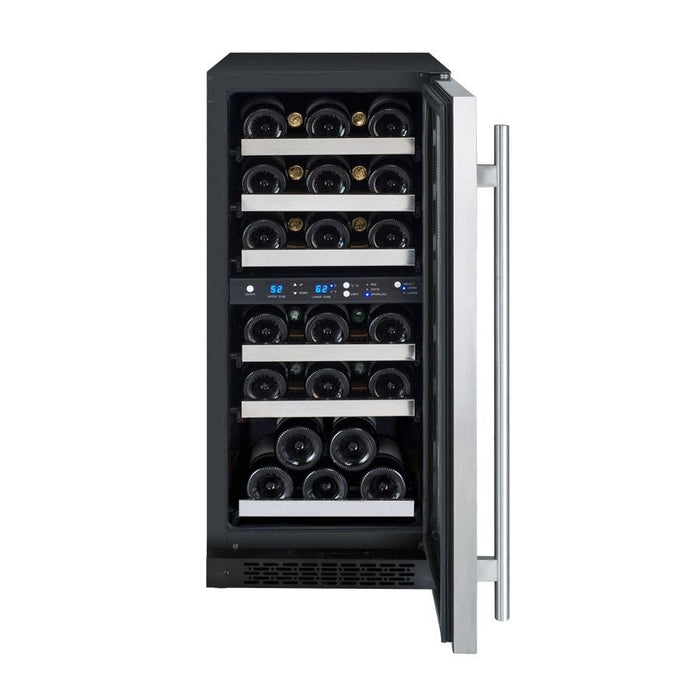 Allavino 15" Wide FlexCount II Tru-Vino 30 Bottle Dual Zone Stainless Steel Right Hinge Wine Refrigerator Allavino