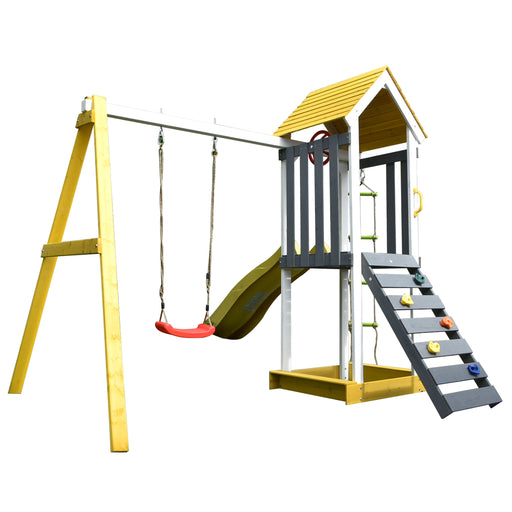 Aleko Outdoor Wooden Swing Playset with Swing, Slide, Steering Wheel, and Rock Climbing Ladder WPG01-AP Aleko