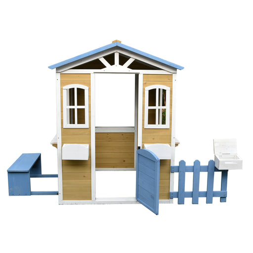Aleko Traditional Outdoor Wooden Playhouse with Mailbox, Picket Fence, Serving Station, and Bench WPH01-AP Aleko