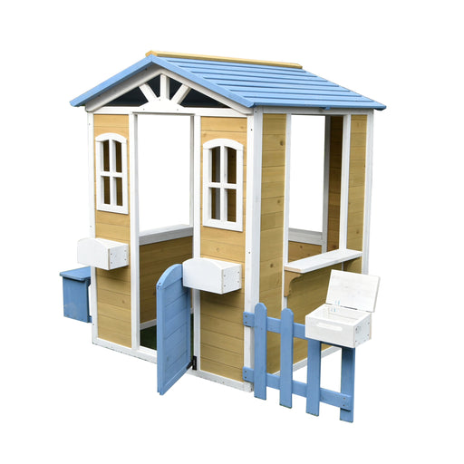 Aleko Traditional Outdoor Wooden Playhouse with Mailbox, Picket Fence, Serving Station, and Bench WPH01-AP Aleko